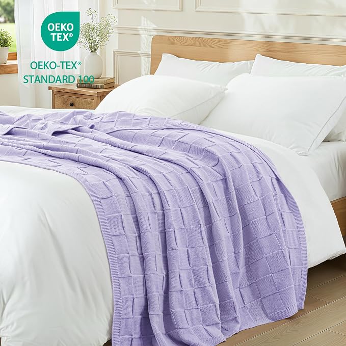 Whale Flotilla Checkered Knit Throw Blanket for Couch, Light Purple | Soft Decorative Knitted Blankets for Couch Sofa Bed, Lightweight Cozy Throws for Spring Summer, 60x80 Inch