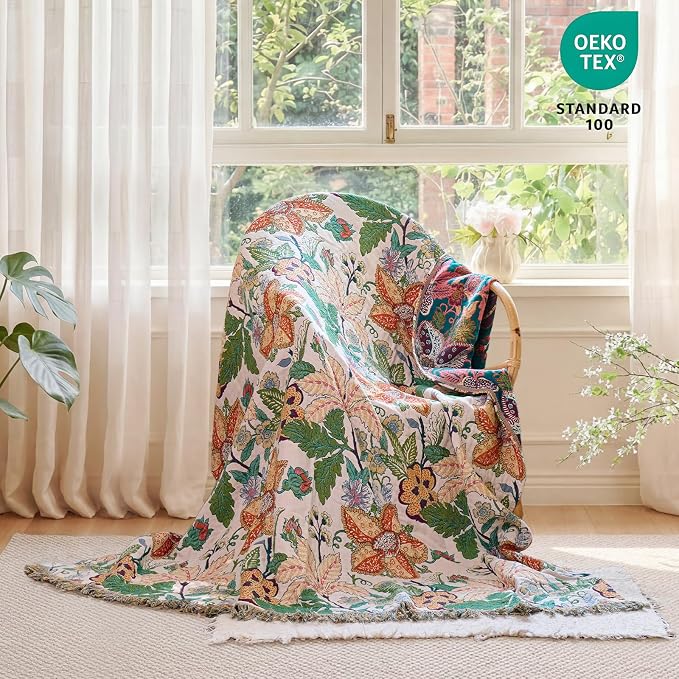 MSGKV Boho Throw Blanket 50"x60" 100% Cotton Embroidery Floral Muslin Throw | 100% Cotton Muslin, Embroidered Floral Throw, Soft & Breathable, Lightweight Comfort, Couch & Bed Decor, Machine Washable