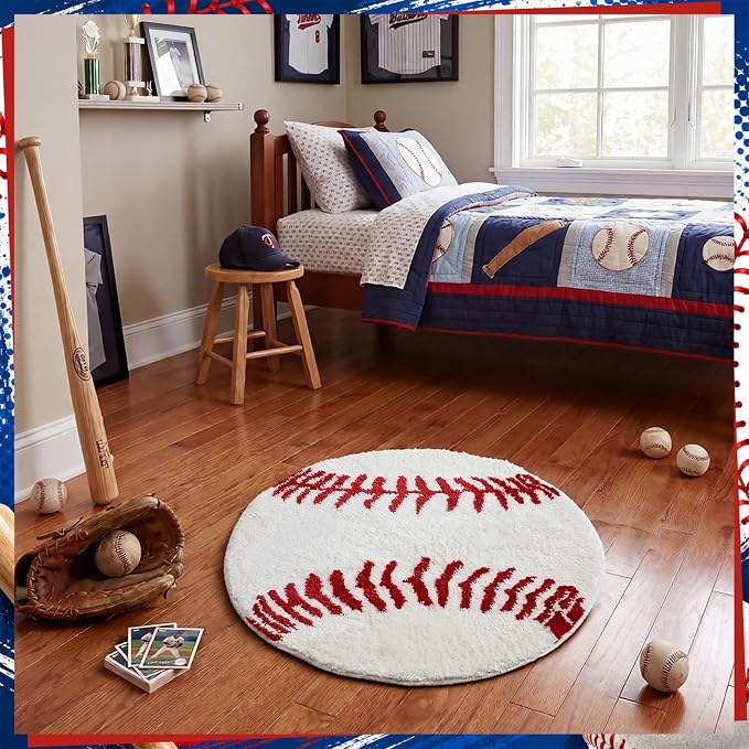 Funtery Baseball Rug for Boys Room Decor Non Slip Absorbent Sports Soft Mat Field Sports Area Rug Plush Soft Washable Carpet Bedroom Bathroom Welcome Door(White, 25.5x25.5, Baseball)