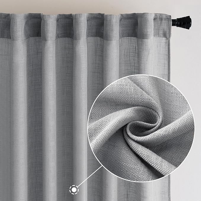 MIULEE Grey Linen Curtains 52x90 Inch Long for Bedroom Living Room 2 Panels | Soft Thick Linen Textured Window Drapes, Gray Semi Sheer Light Filtering, Back Tab Rod Pocket, Burlap Look Decor