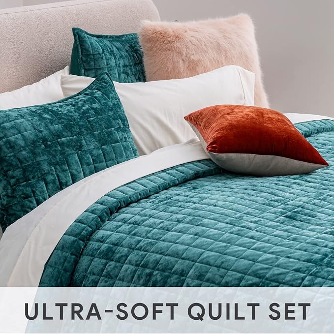 RECYCO Channel Box Stitch Velvet Quilt Set, King Size, Teal | Ultra Soft Lightweight Velvet Comforter, Luxury Oversized Bedspread Coverlet, Quilted Bedding Set for All Season with 2 Shams