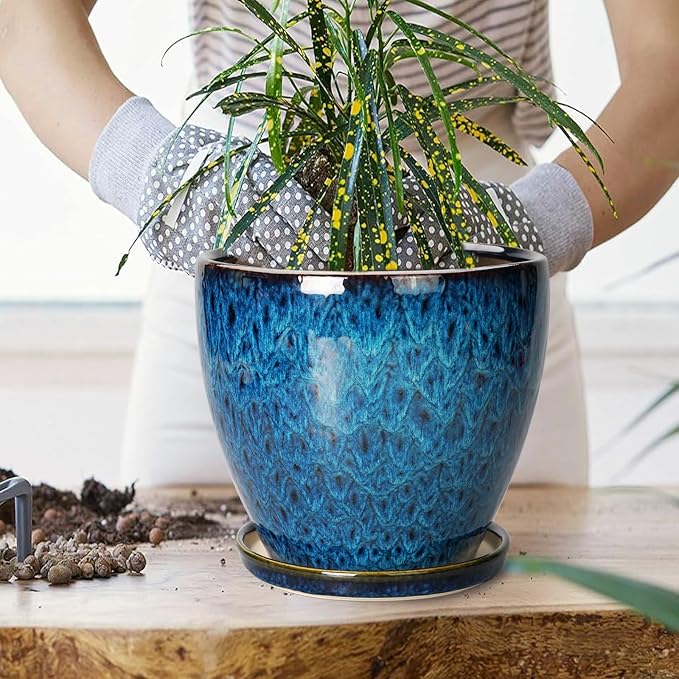 8 Inch Ceramic Planter Pot with Drainage Hole and Saucer, Ceraimc Plant Pot Round Flower Pot for Indoor Plants Outdoor Garden Planter, Blue