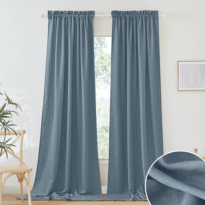 RYB HOME Linen Sheer Curtains 102 inches Long for Living Room | Vertical Boho Rustic, Home Decor, Privacy Semi Sheer, for Kids Room, Rod Pocket, Stone Blue, W52 x L102, 2 Panels Set