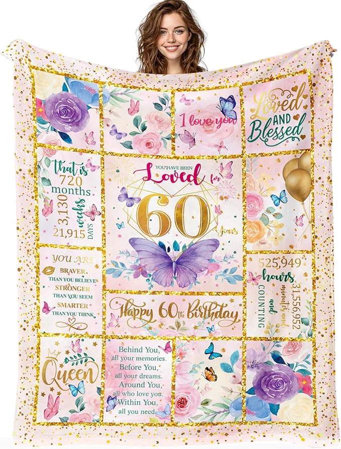 60th Birthday Gifts for Her -60 Year Old Gifts for Women Mom -60th Milestone Birthdays Blanket - 60th Birthday Blanket for Women - Warm Soft Plush Flannel Throw Blankets (60"x50")