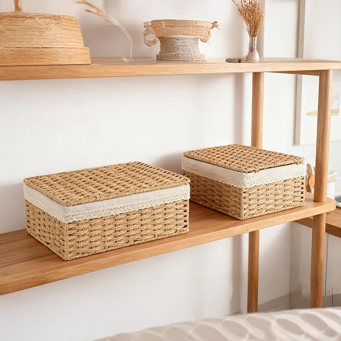 Nonam Rattan Divided Storage Basket with Lid, Set of 3, Natural | Large Basket Organizer for Shelf, Wicker Bins for Closet, Boho Shelf Decor Covered Basket Home Storage Container