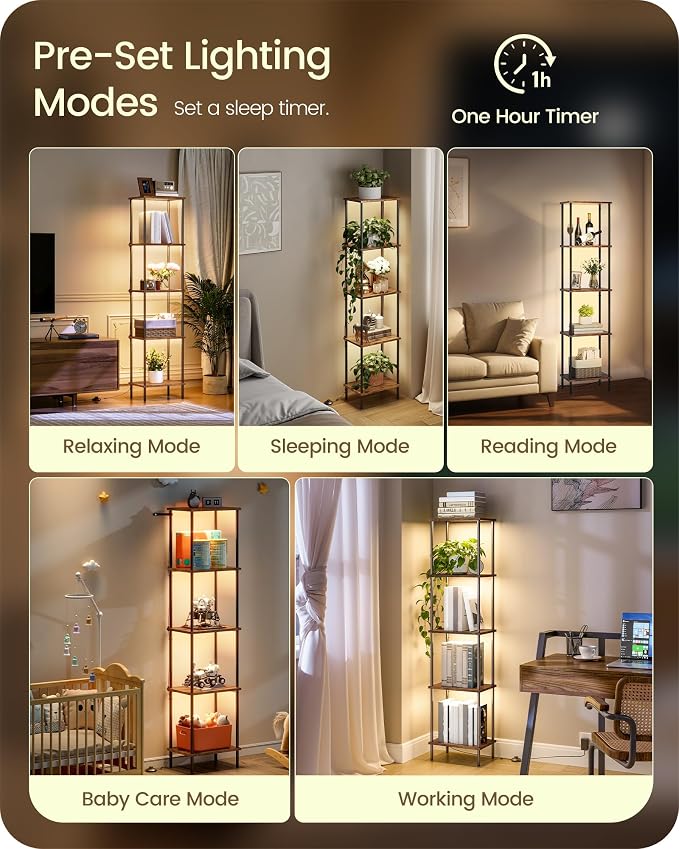 Display Shelf with Light, 5-Tier Modern Shelf Lamp, Corner Floor Lamp with Shelves, Dimmable LED Floor Lamp for Living Room with Remote, 3CCT, Timer, Wooden Corner Shelf Lamp, F52LD05