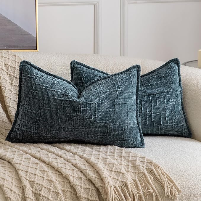 MADIZZ Pack of 2 Chenille Throw Pillow Covers 12x20 Inch Grey Blue Soft Neutral Decorative Throw Pillows for Couch Sofa Boho Accent Cushion Covers Modern Farmhouse Home Decor for Bedroom Living Room