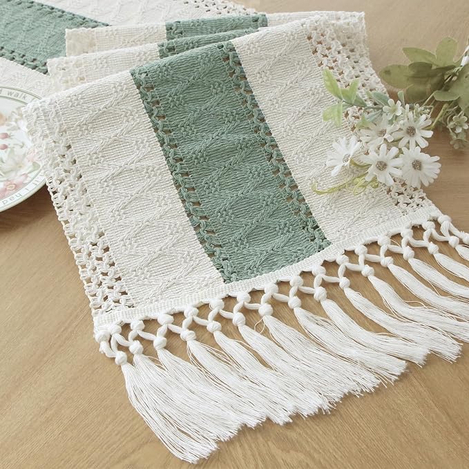 FEXIA Boho Table Runner for Home Decor 12x36 Sage Green Fall Decorations | 36 Inches Long with Tassels Rustic Macrame Farmhouse Table Cover for Wedding Party Bohemian Bridal Shower Dining Decorations