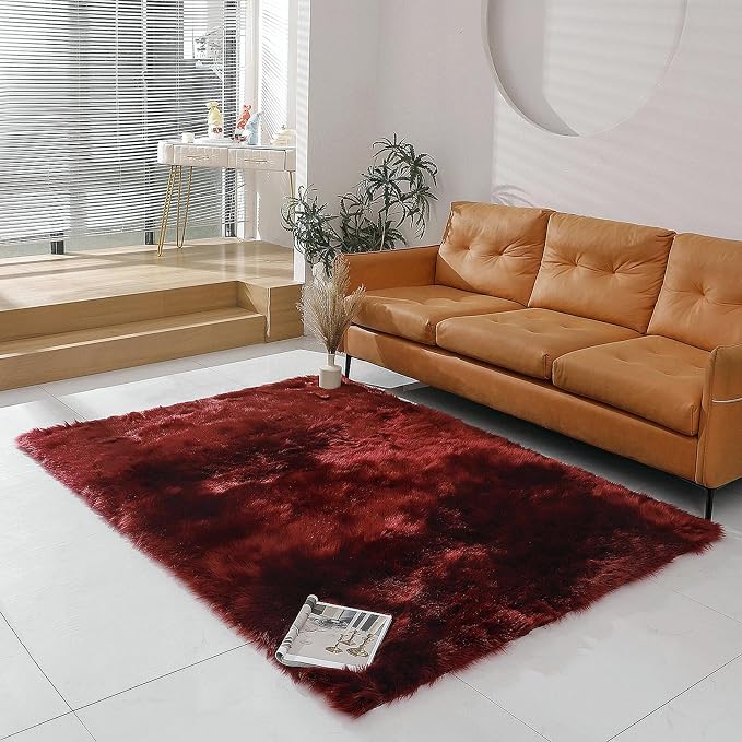linmopm Faux Fur Rug Sheepskin Shag Fluffy Fuzzy Red 5x7 ft Rugs for Bedroom Bedside Bed Floor Living Room Plush Rectangle High-Density Cushion Carpet Super Sofa Cover