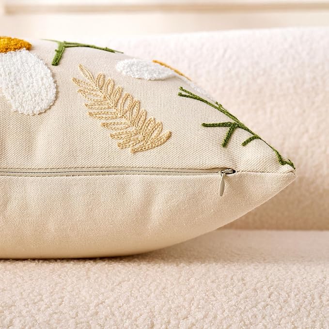 Embroidered Throw Pillow Covers Boho Farmhouse Daisy Tufted Pillow Covers Floral Decorative Couch PillowCases 18x18 Cottagecore Square Cushion Cover Set of 2 for Living Room Couch Sofa Bed Home Decor