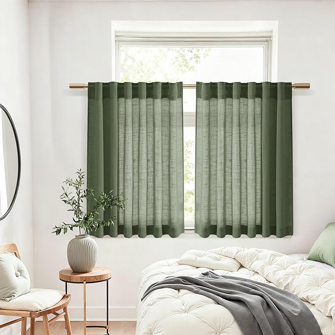 Linen Kitchen Curtains 30 Inches Long 2 Panels Olive Green Semi Sheer Short Curtain Back Tab Rod Pocket Solid Privacy Cafe Tier Curtains for Cafe Bathroom Basement 36x30