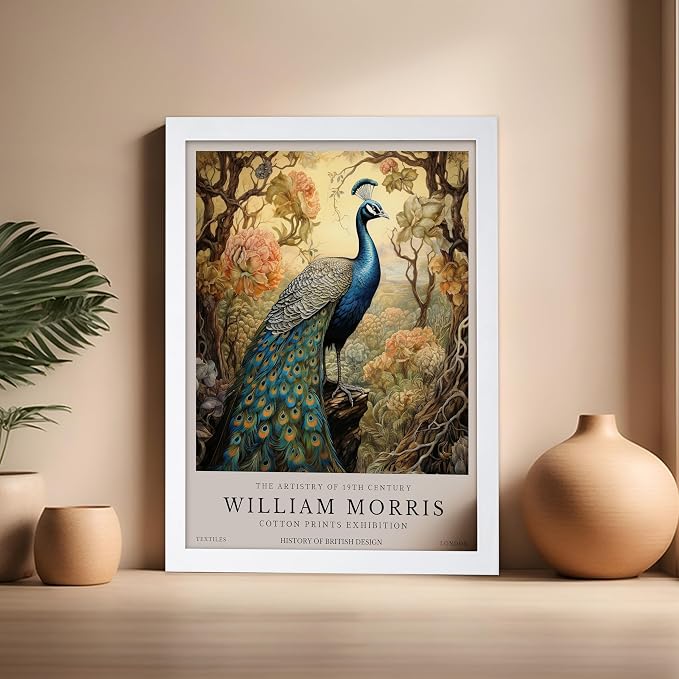 Poster Master William Morris Poster - Peacock Print - Bird Art - Botanical Design - Flower Art - Exhibition Display - Animal Illustration - Floral Design - Aesthetic Office or Bedroom Decor - 16x20 White Framed