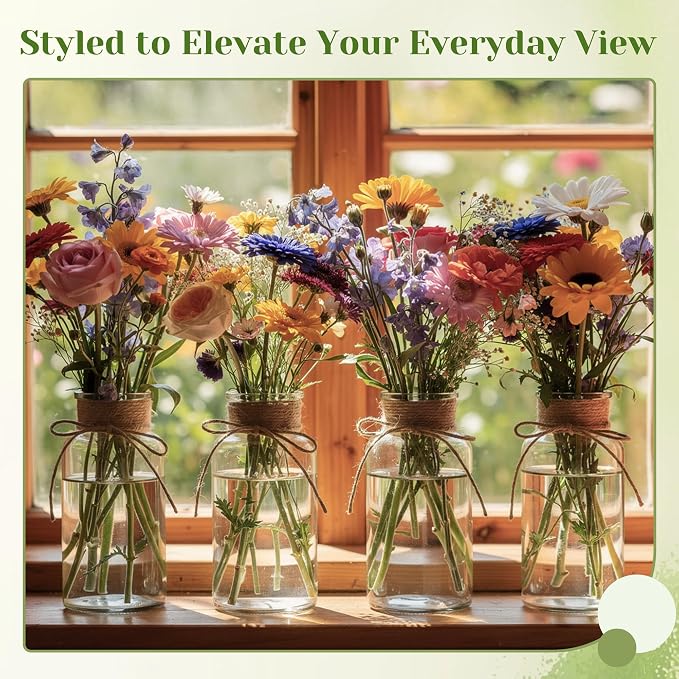 Mason Jar Glass Vases 12 Pack, Clear Flower Vase for Centerpieces | Rustic Farmhouse Home Decor, Bud Vase with Twine, Wedding Table Decoration, Boho Floral Arrangement, Vintage Jars Bulk