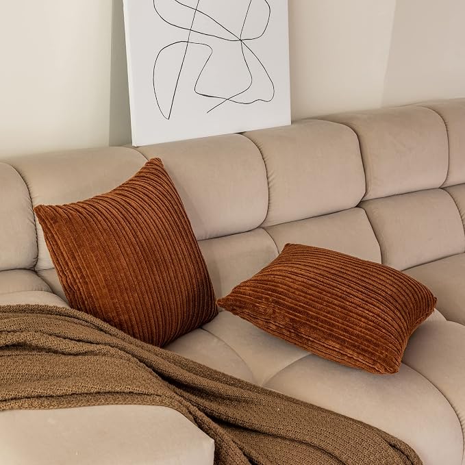 Kevin Textile Striped Corduroy 26”x26” Pillow Covers 2 Pack, Brown