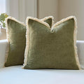 Amor Virisso Fringe Throw Pillow Covers 18x18 Set of 2 Boho Neutral Farmhouse Decorative Pillow Covers with Tassels for Couch Sofa Bed, Olive Green