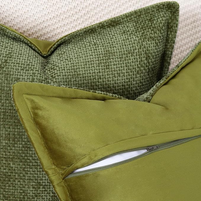 MADIZZ Decorative Chenille Velvet Throw Pillow Covers Set of 2 Soft Boho Textured Neutral Couch Throw Pillow for Bed Modern Farmhouse Home Decor for Sofa Livingroom Moss Green 18x18 Inch