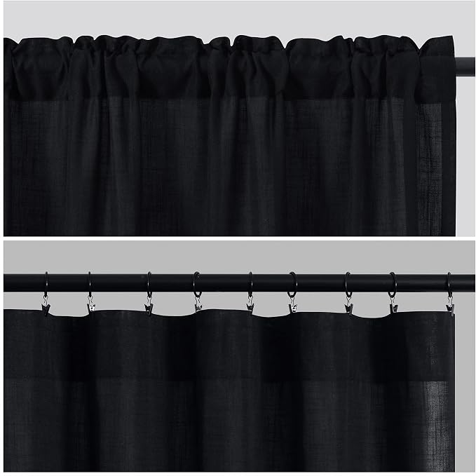 Black Linen Curtains 84 Inch Length for Living Room Bedroom 2 Panels Set Rod Pocket Light Filtering Semi Sheer Window Curtains 52 Inch Width Boho Farmhouse Linen Drapes, W52xL84
