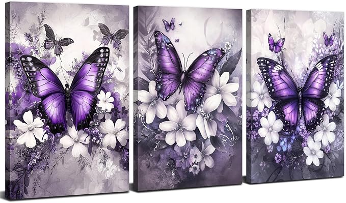 Purple Wall Decor Vintage Floral Wall Art Nature Butterfly Pictures Rustic Blossom Botanical Canvas Prints Farmhouse Wildflower Painting Artwork for Bedroom Living Room Home Decoration 16x24” 3Pcs
