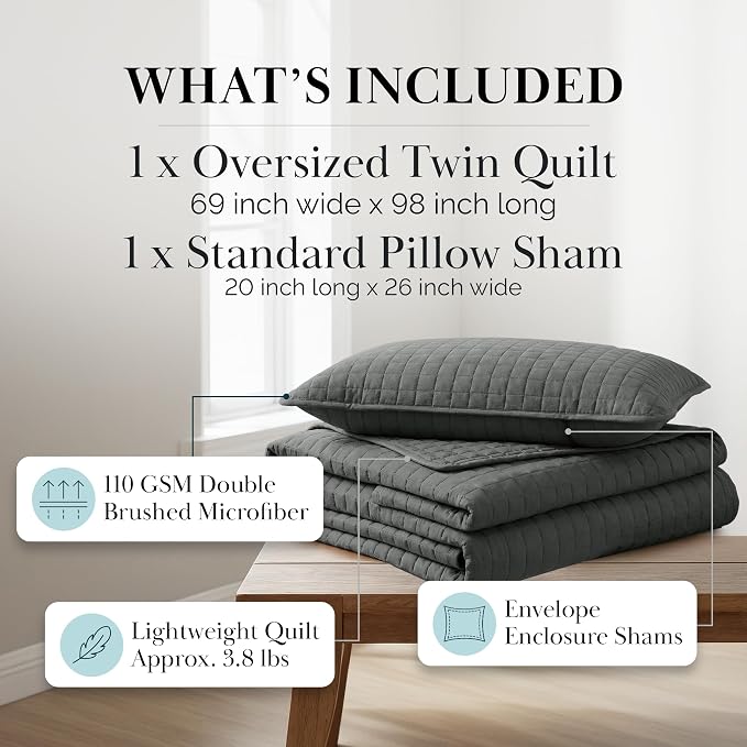 Southshore Fine Living, Inc. Twin Summer Quilts Set, Quilted Grey Bedspread Twin/XL Quilts with Matching Pillow Sham, Soft Microfiber, Lightweight Quilt Coverlet Set, Easy Care, Slate Grey