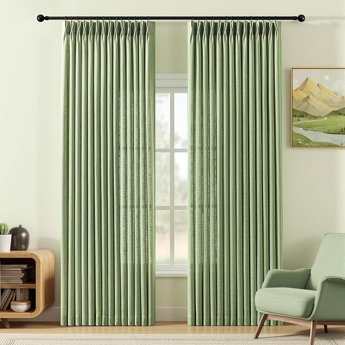 Pinch Pleated 90 Inch Linen Curtains for Living Room, Light Filtering, W40 | Semi Sheer, Bedroom, Pinch Pleat, Linen Blend, Hook Rings, Non See Through, Memory Shape, Privacy, Sage Green, 2 Panels