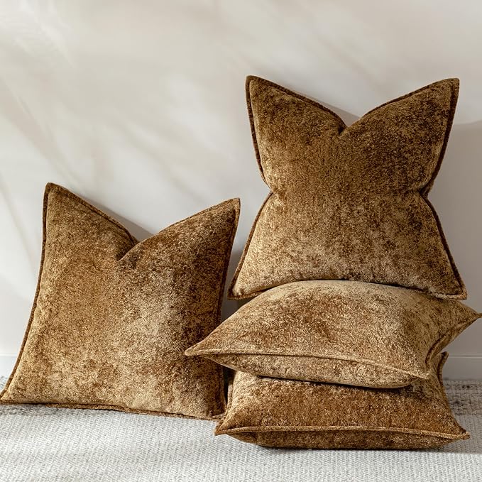 a moment Throw Pillow Covers 24X24 Inch 4 Packs,Soft Velvet Decorative Pillow Cases with 3D Ice Flower,Texture Modern Accent Cushion Covers for Sofa Couch Home Decor Golden Brown