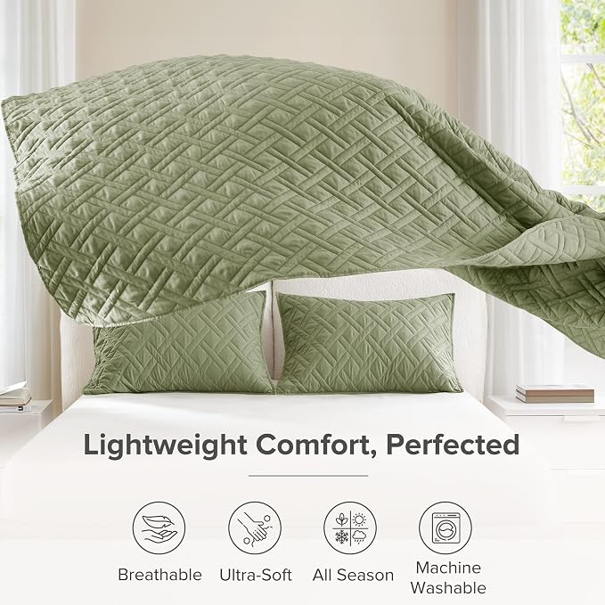 Comfort Spaces Kienna Twin Quilt Bedding Set 2P Olive Green Diamond 66"x90" | Soft Cozy Lightweight Summer Twin XL Coverlet for College Dorm, Quilted Extra Layer, Modern Casual Bedroom Decor, OEKO-TEX