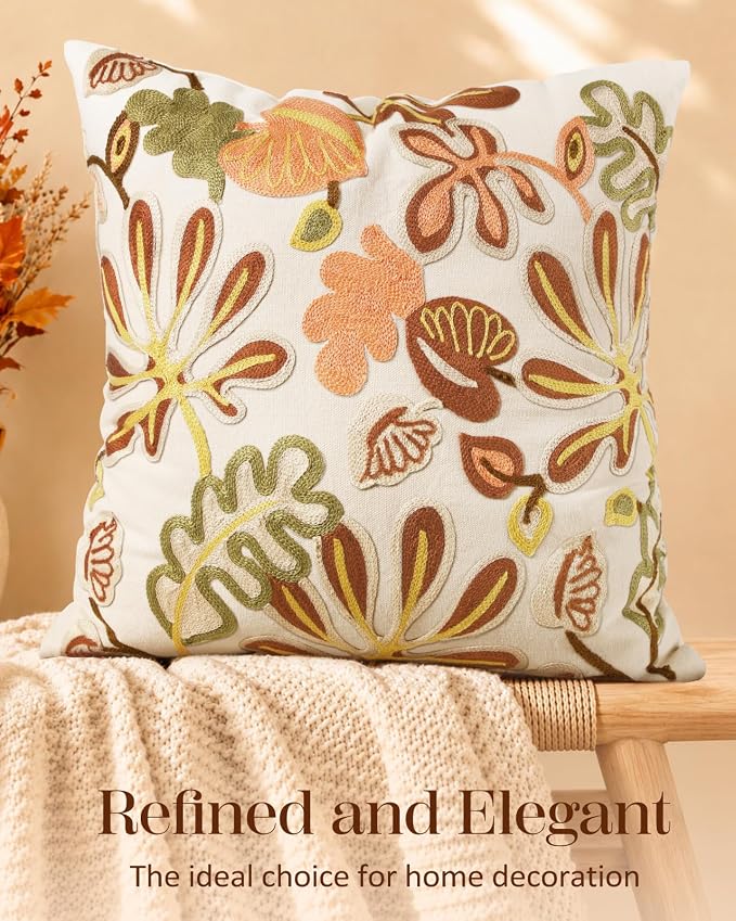 Fall Embroidered Throw Pillow Cover 18x18 Inch, Abstract Floral | Decorative Pillow Cover, Abstract Floral Cushion Case with Hidden Zipper, Autumn Decor for Couch, Sofa, Living Room, 1 Pack
