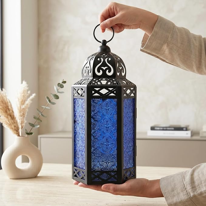 Vela Lanterns Decorative Indoor Fairy Light Candle Holder, Cobalt Blue, L | Wedding Table Centerpieces, Fantasy Moroccan Decor, Ramadan & Eid, Metal Hanging Lamp, Bathroom, Porch Patio, 12" Tall