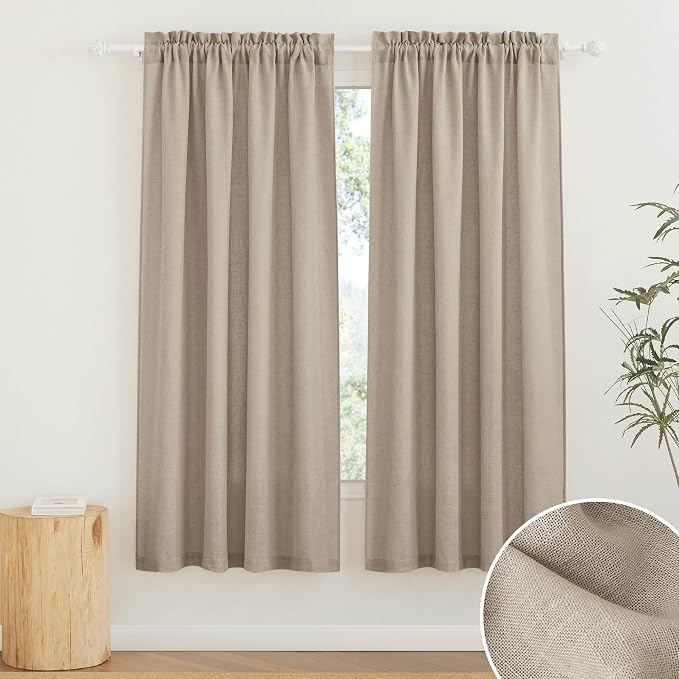 RYB HOME Linen Textured Semi Sheer Curtains 63 inches Long for Living Room | Half Privacy, Light Filtering, Faux Linen Blend, Office Nursery Dorm Bathroom, Khaki, W52 x L63, 2 Panels