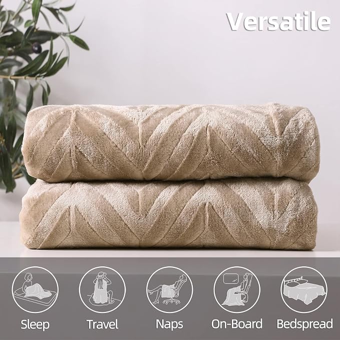 Whale Flotilla Flannel Fleece Bed Blanket King Size, Champagne | Lightweight Breathable Soft Bedspread, Plush Fluffy Coverlet Chevron Design Decorative Blanket for All Season, 90x104 Inch