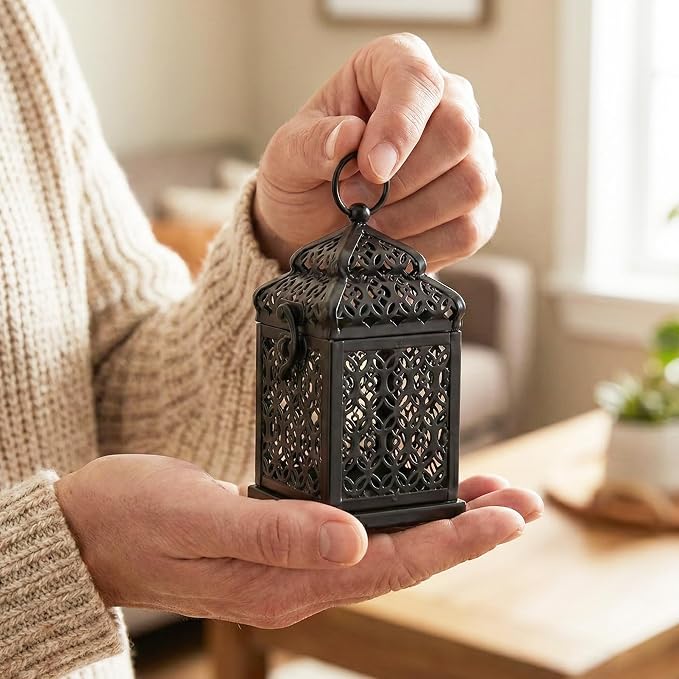 VELA LANTERNS Mini Tower Temple Moroccan Lantern Lamp Decorative Candle Holders for Ramadan Decorations, Hanging, Outdoor Patio or Porch, Indoor Home Decor, Black, Set of 4