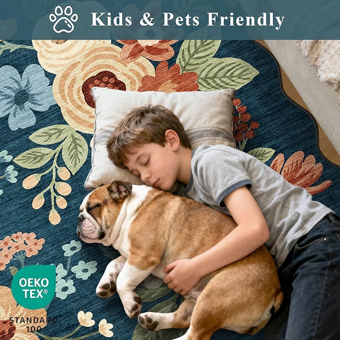 DUKINO 6x9 Area Rugs Floral Washable Living Room Rug Non Slip Prussian Blue | Low Pile, Stain Resistant, Soft Indoor Large Rugs for Bedroom, Dining Room, Kids Playroom, Nursery, Pet Friendly, Home Decor