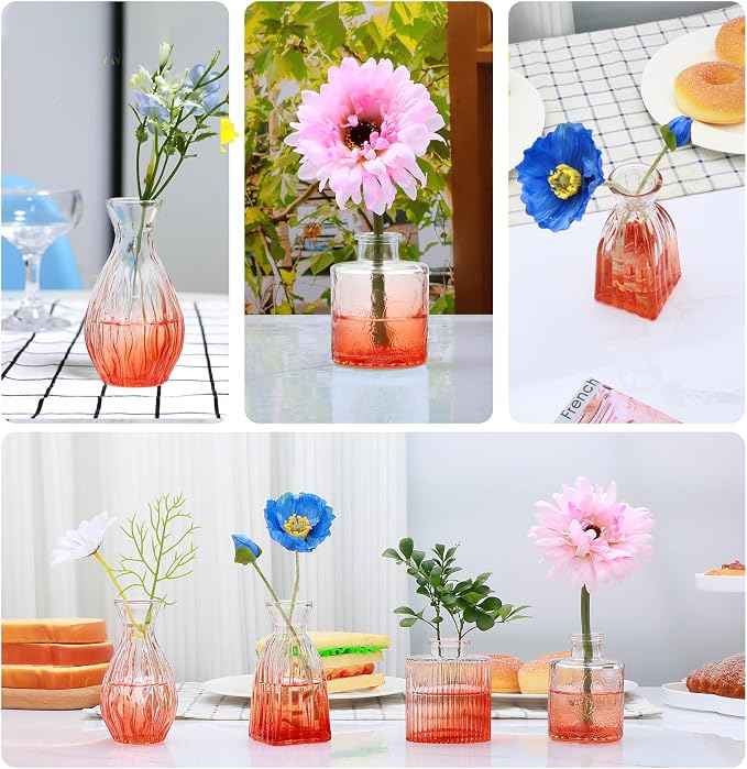 Glass Bud Vases Set of 4, Small Orange Flower Vases for Wedding Centerpiece | Clear Vintage Embossed Mini Vases for Table Decorations, Flower Arrangements in Vases for Party or Home Decor