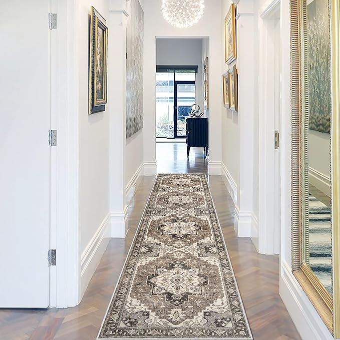 Washable Kitchen 2x10 Runner Rug: Non-Slip Hallway Rugs Indoor Soft Low Pile Stain Resistant Carpet for Bedroom Entryway Ultra-Thin Vintage Home Decor Floor Mat for Bathroom (Beige/Blue/Grey, 2 x 10)