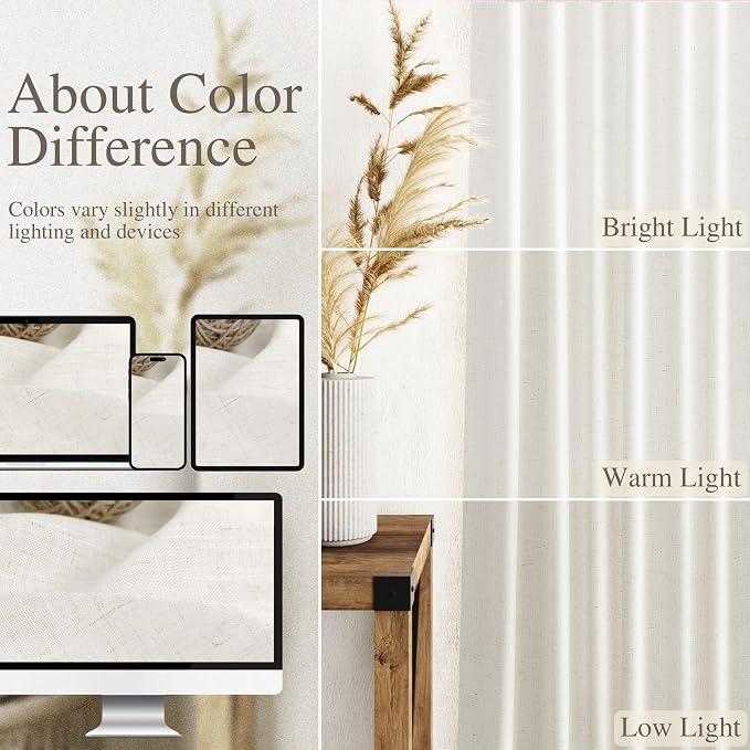 Beige White Linen Curtains for Living Room 86 Inches Long Back Tab and Rod Pocket Light Filtering Semi Sheer Curtain Rustic Farmhouse Decor Luxury Drapes for Bedroom Office 52x86, 2 Panels