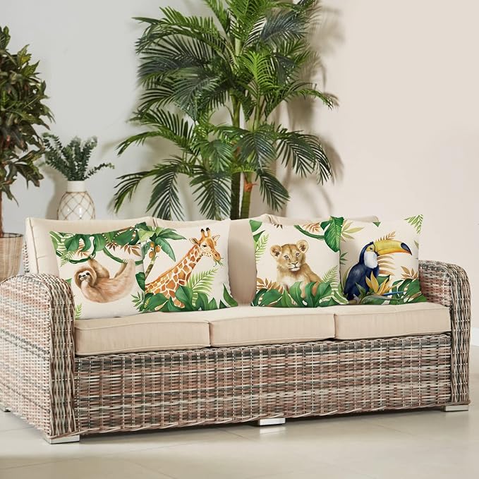 Bonhause Jungle Animals Throw Pillow Covers 18 x 18 Inch Lion Giraffe Sloth Toucan Tropical Outdoor Decorative Pillows Polyester Linen Cushion Cases for Couch Sofa Bed Home Decor Set of 4