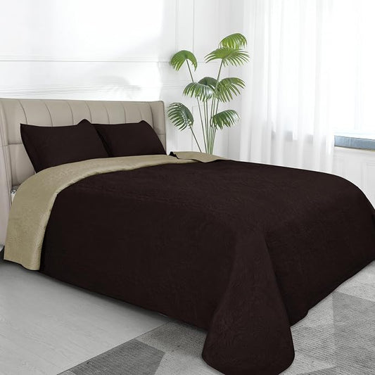 Easy-Going Reversible Quilt Set Twin, Bedspread with 1 Shams | Damask-Chocolate/Beige, Lightweight Bed Comforter, 1 Quilt + 1 Pillow Shams, All-Season Coverlets for Bedroom