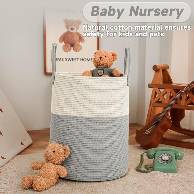 JMvicyroam 60L Cotton Rope Laundry Basket Hamper, White and Grey | Collapsible laundry basket, reinforced handles, freestanding, machine washable, holds 3-5 thick blankets, clothes or toys