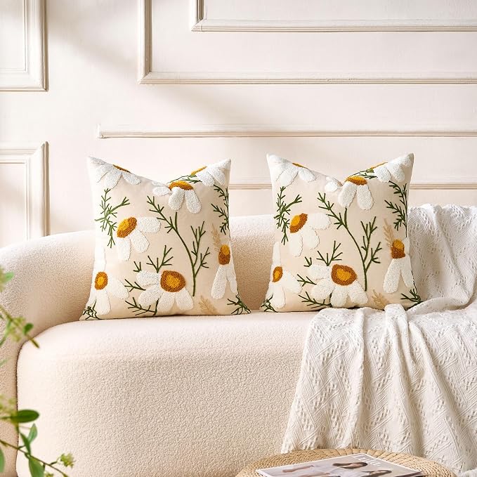 Embroidered Throw Pillow Covers Boho Farmhouse Daisy Tufted Pillow Covers Floral Decorative Couch PillowCases 16x16 Cottagecore Square Cushion Cover Set of 2 for Living Room Couch Sofa Bed Home Decor