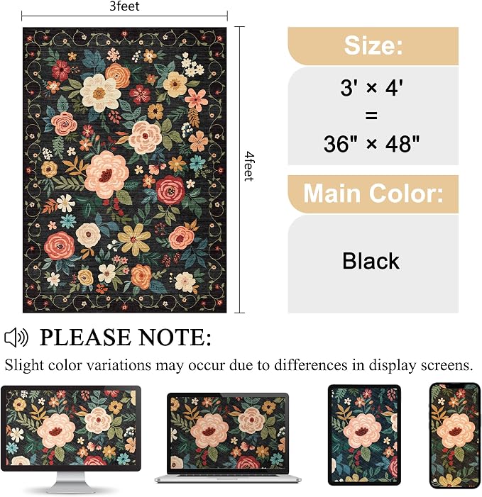 DUKINO 3x4 Area Rug, Floral Washable Rug for Kitchen Non Slip, Black | Low Pile, Soft, Stain Resistant Indoor Rug for Entryway, Bedroom, Bathroom, Laundry, Pet Friendly, Home Decor, Lightweight