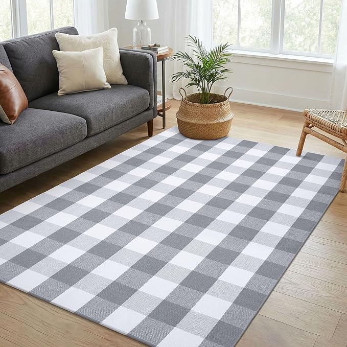 KOZYFLY Buffalo Plaid Rug 4x6 Ft Checkered Grey and White Front Door Mat | Washable Outdoor Rugs, Cotton Front Porch Rug, Woven Front Door Rug, Indoor Carpet for Living Room Dining Room Kitchen Patio