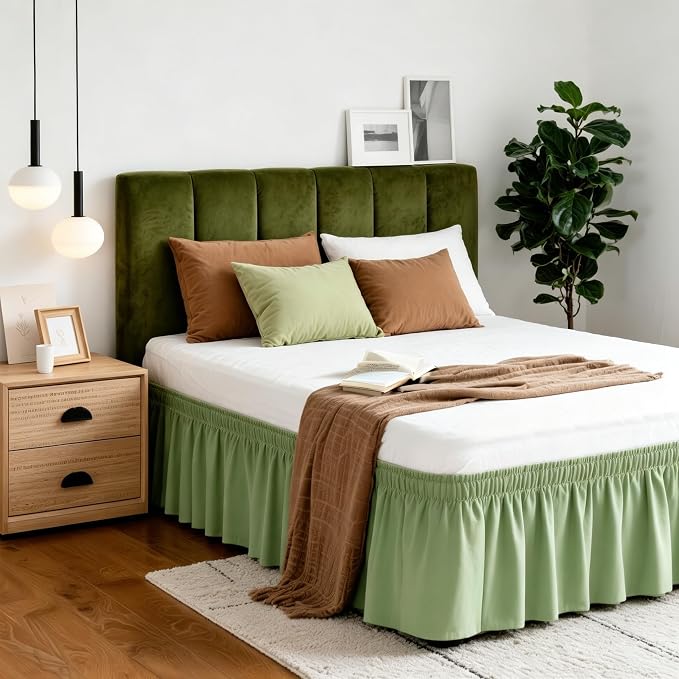 Vocander Sage Green Full Bed Skirt 14 Inch Drop, Elastic Wrap Dust Ruffle | Hides Underbed Storage, No Mattress Lifting, Elastic Stays Put, Soft Fabric, Machine Washable, Polished Look