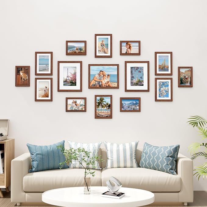 Vittanly 15 Pack Picture Frames Collage Wall Decor, Wall/Tabletop Display | Walnut Brown, Multi-Size Gallery Wall Frame Set: 3pcs 8x10, 6pcs 5x7, 6pcs 4x6. Picture Frame Set for Family