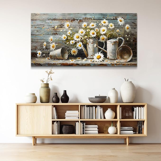 QIYILEXWART Large Wall Decor For Living Room Canvas Wall Art For Kitchen Modern Wall Decorations For Bedroom Daisy Rustic Landscape Painting Farmhouse Pictures Artwork Room Home Decor 24x48 In