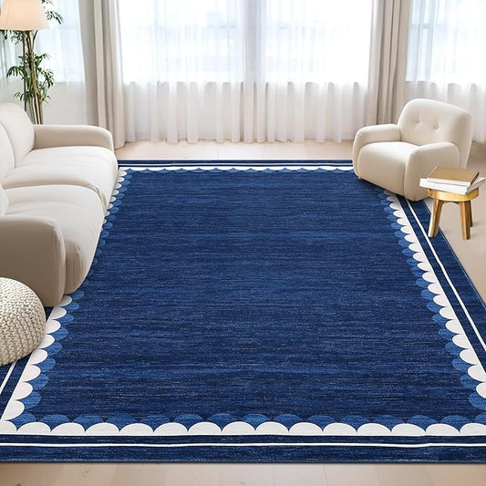 COZYLOOM 5x7 Living Room Rugs Washable Bedroom Rug Non Slip Stain Resistant Modern Bordered Rug Non Shedding Low Pile Carpet Foldable Thin Neutral Mats for Dining Room, Office, Blue