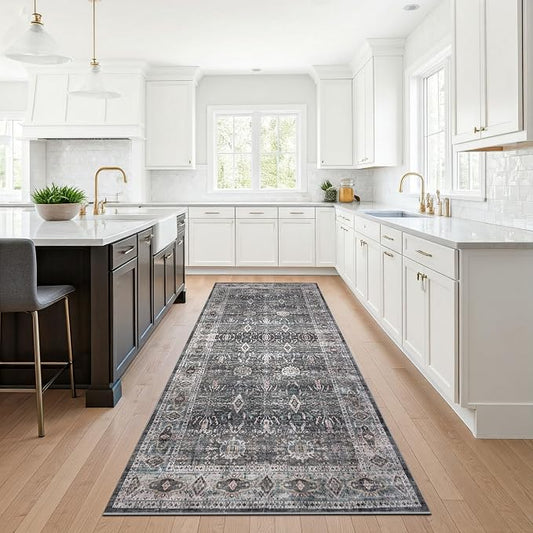 Machine Washable Area Rug, Soft & Durable, Non-Slip, Stain Resistant Rug for Bedroom, Living Room, Dining Room, High Traffic Areas. (Grey, 2.5' X 10')
