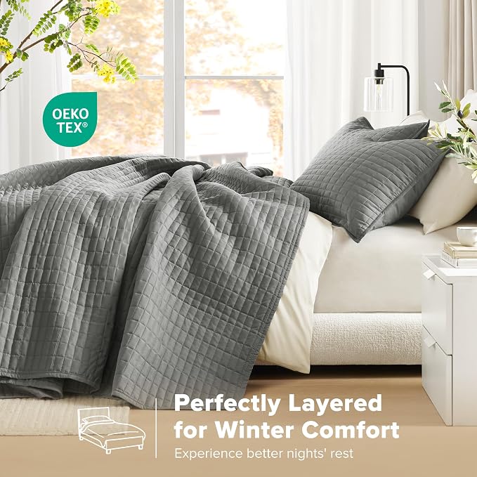 Comfort Spaces Oversized Bedspread Queen Quilt Set 3P 102x 118 Charcoal | Coverlet for Summer Soft Cozy Lightweight All Season Quilted Extra Layer with Matching Sham, Bedroom Decor OEKO-TEX Certified