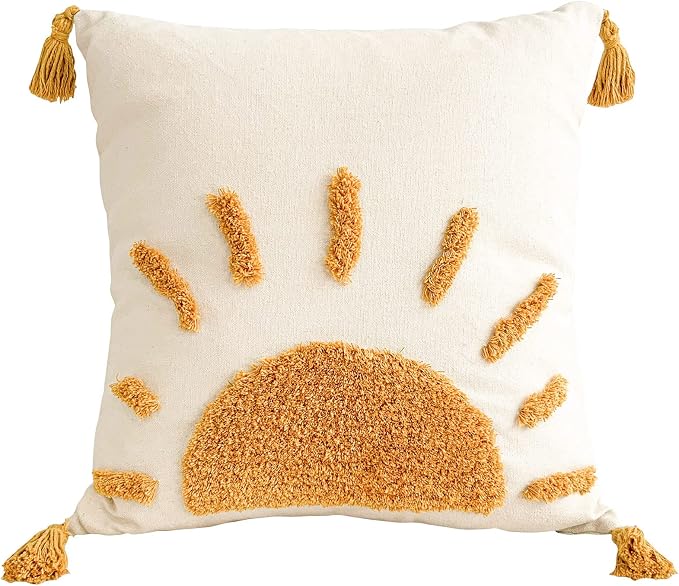 Zealax Decorative Boho Throw Pillow Cover 18x18 Inch for Couch Living Room Outdoor, Sun Tufted Pillow Covers with Tassels Cushion Case, Rustic Modern Farmhouse Home Decor (No Pillow Insert, 1Pc)