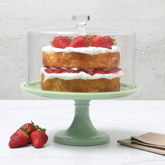 Martha Stewart Highbrook 10-Inch Jadeite Cake Stand with Glass Dome – Vintage-Style Pedestal Dessert Plate for Cakes (up to 8.5") and Pastries, Decorative Covered Serving Platter