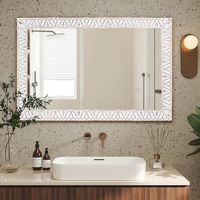 36x24 Inch Farmhouse Rectangle Wall Mirrors with Wooden Frame | Rustic Decorative Rectangular Mirror for Living Room, Bedroom, Bathroom, Entryway - Vertical/Horizontal Hanging